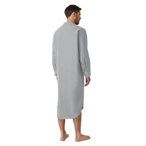 Mens solid grey long sleeve nightgown featuring a button front and stylish curved hem
