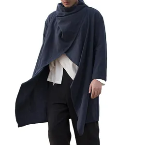 Lange dunkelblaue Strickjacke für Herren mit Wasserfallkragen und offenem Schnitt