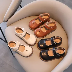 Toddler Girls Mary Jane Shoes Heart Cutout Preppy Style Princess Flats PU Leather Non-slip Soft Sole Walking Shoes For Kids