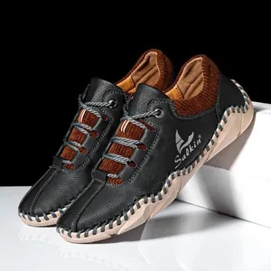 Fashionable men's casual leather shoes featuring a knit sock collar and hand-stitched details