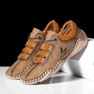 Stylish brown men's casual leather shoes featuring a corduroy sock collar and lace-up closure