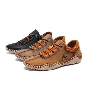 Casual leather loafers featuring a sock mouth and lace-up design available in three colors.