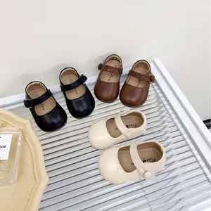 Toddler girl Mary Jane leather shoes with soft soles in black, brown, and beige colors