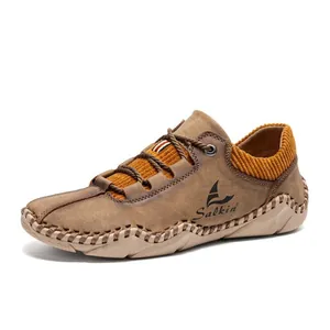 Men's brown leather casual shoes with sock-style ankle and lace-up design