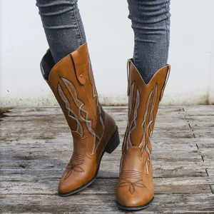Stivali Martin al Polpaccio da Donna Stivali Western Cowboy Vintage Punta Accuminata Tacco a Blocco Ricamati in Pelle PU