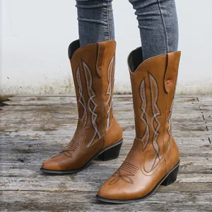 Primo piano di stivali da cowboy marroni con ricami su un pavimento di legno invecchiato