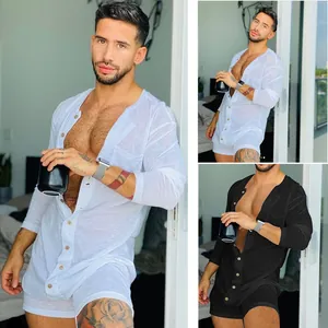Mono Romper para Hombre Slim Fit de Manga Larga Color Sólido Botones Pijama Ropa de Casa Poliéster Sexy Cuello en V Bodysuit