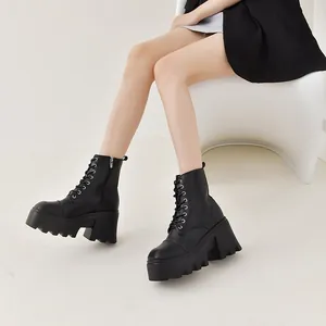Gros plan de bottines noires à semelles compensées et talons épais portées par un mannequin