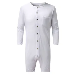 Front view of a white long-sleeved men's jumpsuit romper with button-up and pocket detail