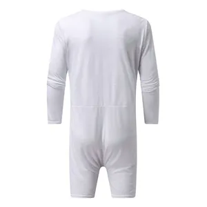 Rear perspective of a white form-fitting long-sleeve one-piece loungewear jumpsuit