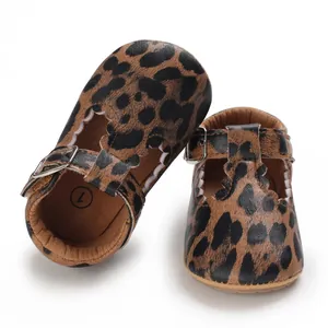 Detailed view of leopard print baby Mary Jane shoes with soft sole for infants