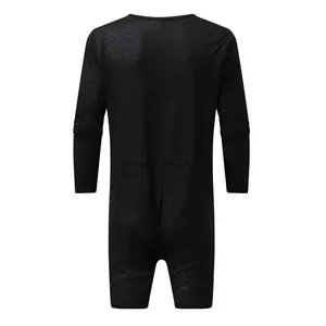 Back view of solid black tight-fitting long-sleeve bodysuit for comfortable loungewear