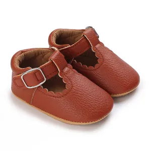 Classic brown PU leather baby formal shoes with T-strap and scalloped edge detail