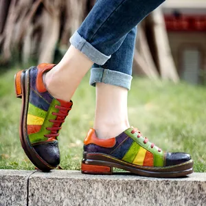 Women Handmade Rubbed Color Multi-color Patchwork Genuine Leather Shoes Vintage Bohemian Ethnic Round Toe Tie-up Low Heel Casual Loafers