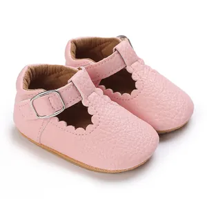 Stylish newborn baby girl pink PU leather dress shoes with scalloped edges and buckle strap