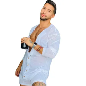 Sexy mens white long sleeve sheer tight romper one-piece loungewear slim fit bodysuit