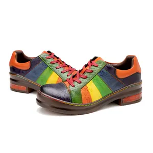 Full view of artistic handmade colorful patchwork genuine leather women's shoes on white base