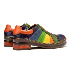 Side view detail of handmade colorful spliced genuine leather sneakers for women.