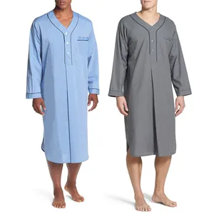 Detail view of men's V-neck long-sleeve nightshirts in light blue and grey colors.