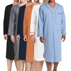 Detailed view of men's mid-length long-sleeve loungewear nightgowns in multiple solid colors