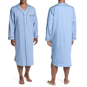Front and back view of men's long-sleeve light blue loose pajama sleepshirt with piping