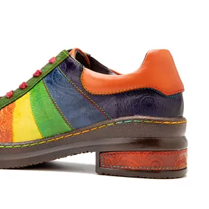 Detailed view of colorful patchwork leather shoes with intricate embossed patterns and textures