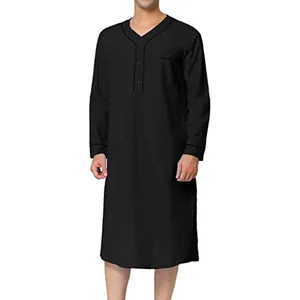 Full view of men's black long sleeve nightshirt featuring V-neck and contrast trim