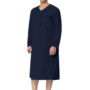 Men's navy blue long sleeve ethnic nightshirt with contrast trim detail
