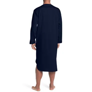 Detailed back view of a men's loose navy blue long-sleeved cotton nightgown sleepwear
