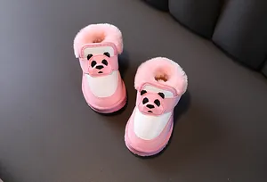 Pink baby winter snow boots featuring a cute 3D panda character design and soft fleece lining