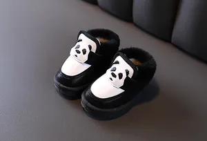 Cute panda baby winter boots with warm black faux fur lining for infants and toddlers