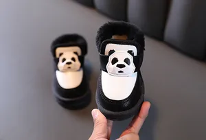 Cute panda-themed baby snow boots featuring warm black plush lining for winter toddlers