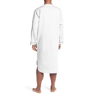 Back view of a comfortable white long-sleeved mid-length men's pajama gown with side slits