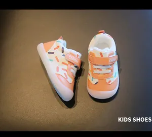 Detailed view of warm toddler winter cotton shoes with fleece lining and hook-and-loop strap