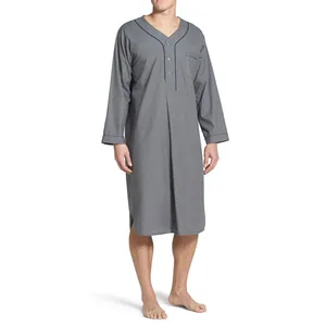 Detailed full-length view of a comfortable grey long-sleeved cotton nightshirt for men