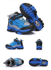 Detaillierte Mehrwinkelansicht blauer Winterstiefel für Jungen mit warmem Futter und Steigeisen
