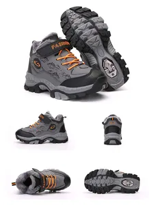 Detaillierte Mehrwinkelansicht warmer grauer Winterstiefel für Jungen mit Fleece und Spikes