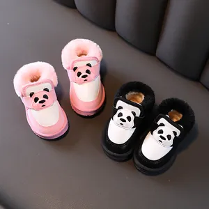 Warm fur-lined toddler snow boots with cute panda design in pink and black colors