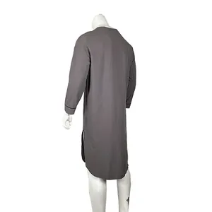 Back view of a men's long-sleeved grey nightshirt with side slits and contrast cuffs.