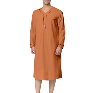 Men's loose orange long-sleeve nightgown with V-neck and pocket detail