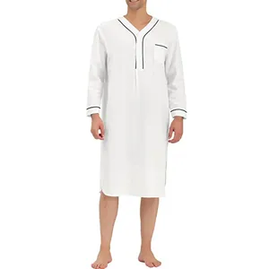 Men's white long-sleeve nightgown with contrast piping and V-neck for comfortable home wear.