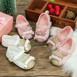 Cute glitter crown baby princess shoes with bow detail in pink and white color options
