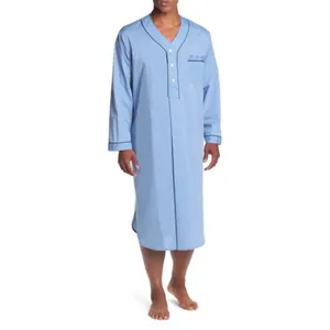 Classic men's blue long-sleeve nightgown with contrast piping and functional chest pocket