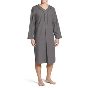 Men's solid grey long sleeve sleep shirt featuring contrast piping and V-neckline detail