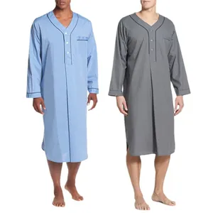 Comfortable men's long-sleeved nightgown robe in light blue and gray colors