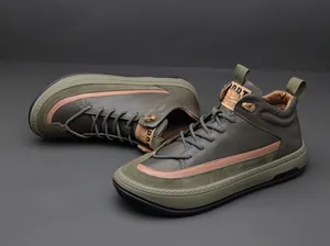 Military green high-top leather casual shoes with unique clown-toe design