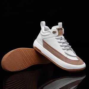 Men's premium white cowhide leather high-top sneakers with stylish brown details.