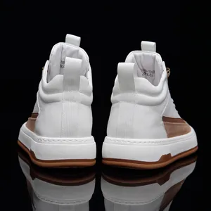 Rear view of high-quality white and brown high-top cowhide leather sneakers for men