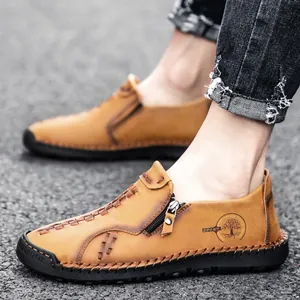 Chaussures en Cuir Microfibre Décontractées pour Hommes Mode Loafers Slip-On Surpiqués Fermeture Éclair Latérale Couleur Unie Chaussures Plates Confortables
