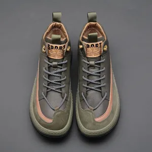 Men's olive green leather high-top casual shoes with unique wide-toe design